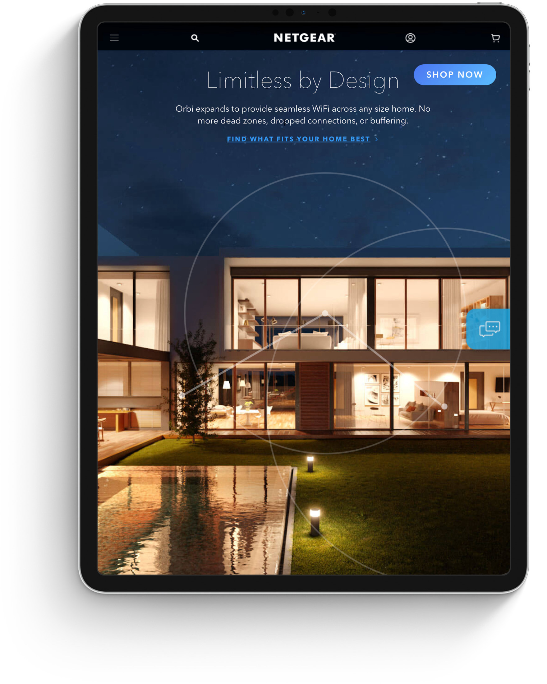 Ipad screen features a night view of a large 2-story solarium look over a swimming pool